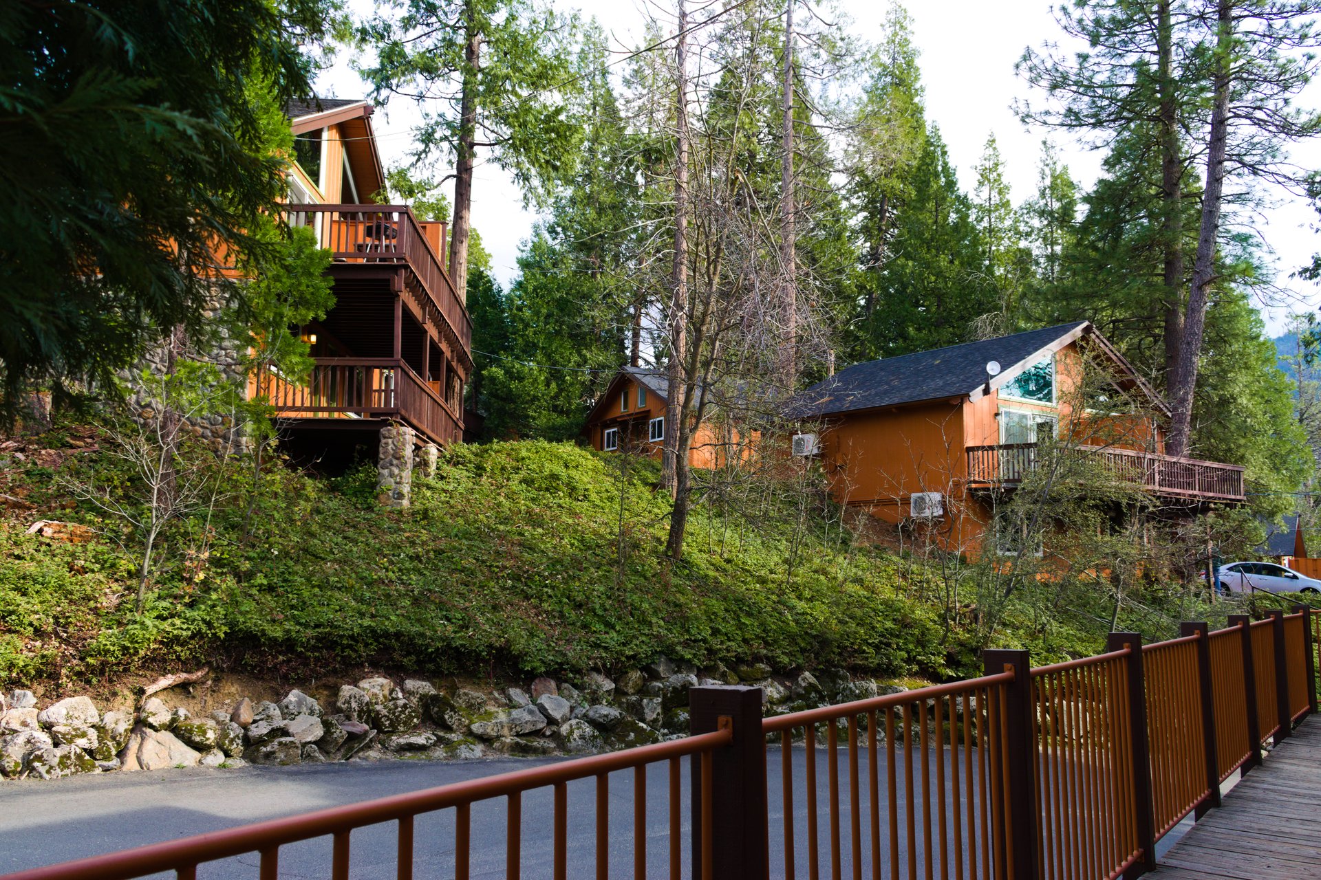 Bass Lake, CA, USA, April 11, 2023: Landscape, cabins and lodges in Bass Lake.