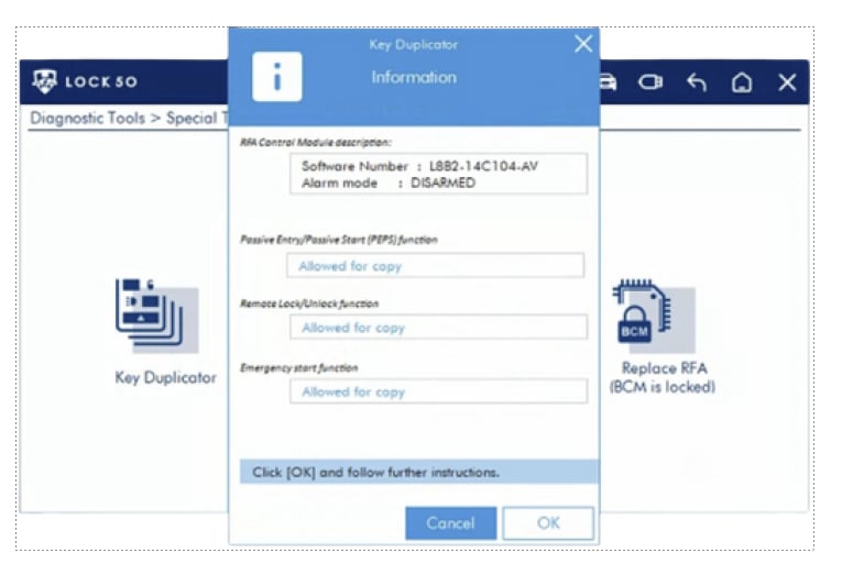 Lock50 software showing 'Allowed for Copy' verification status for locked RFA key programming authorization