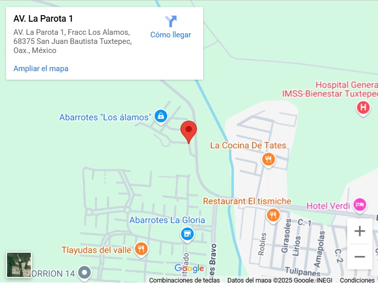 Map showing AV. La Parota 1 location in San Juan Bautista Tuxtepec, Oaxaca, with nearby shops and landmarks.