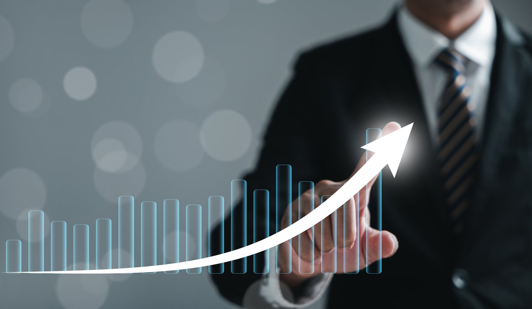 The narrative of development to success and growing growth is defined by business analysis, financial investment, and tech concept. Financial graph on virtual screen illuminates the path.