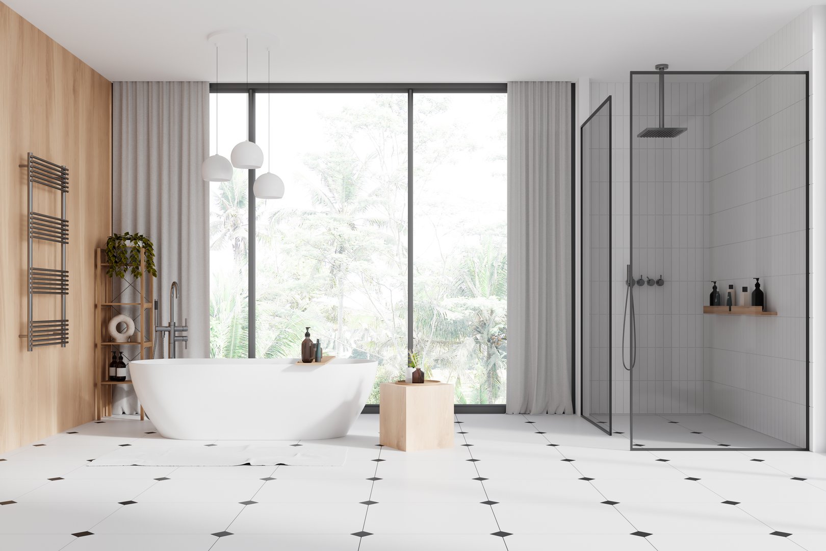 Interior of modern bathroom with white and wooden walls, tiled floor, comfortable white bathtub and walk in shower with glass walls. 3d rendering