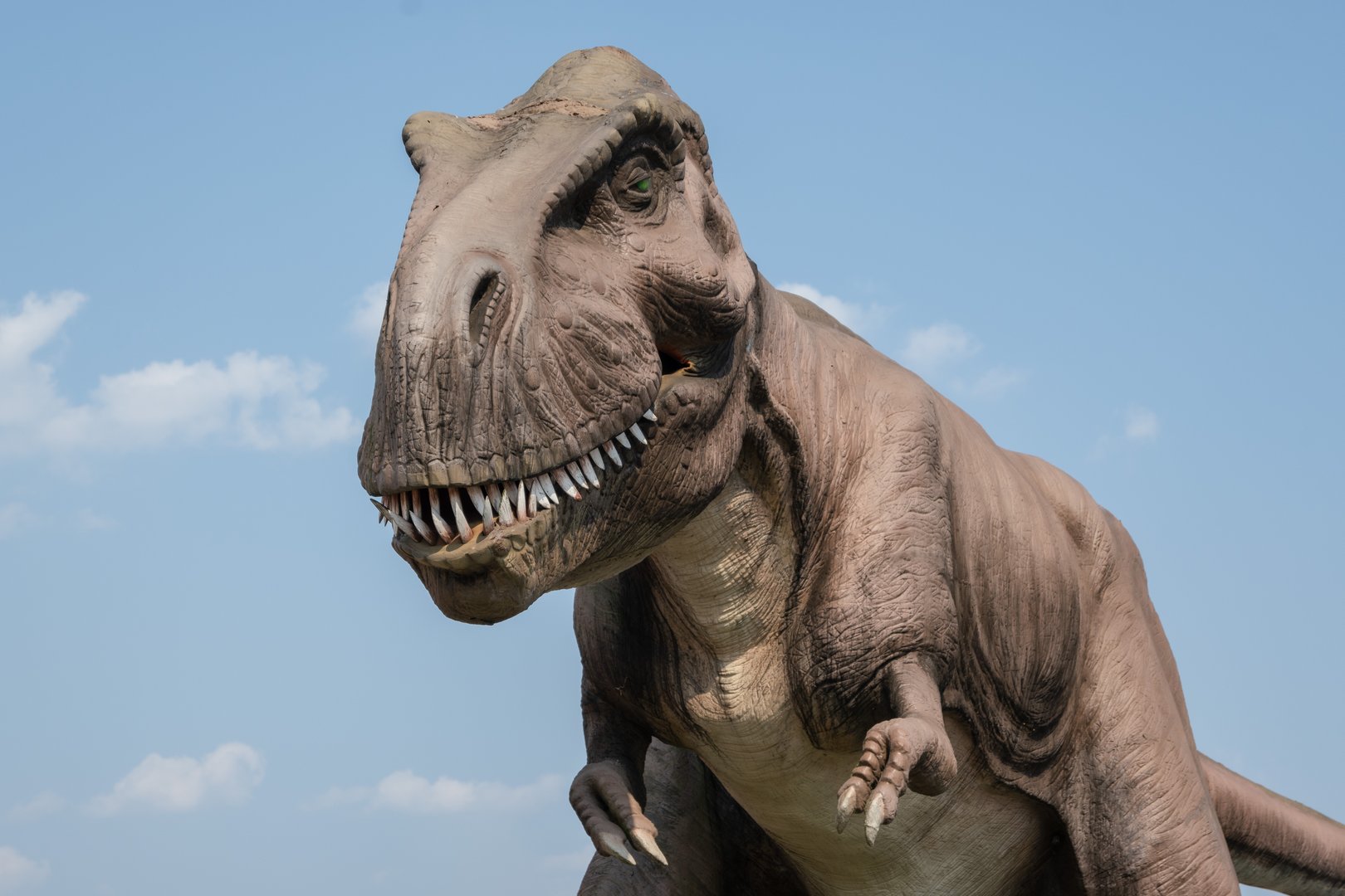 A closeup view of a realistic-looking dinosaur in the park on a sunny day