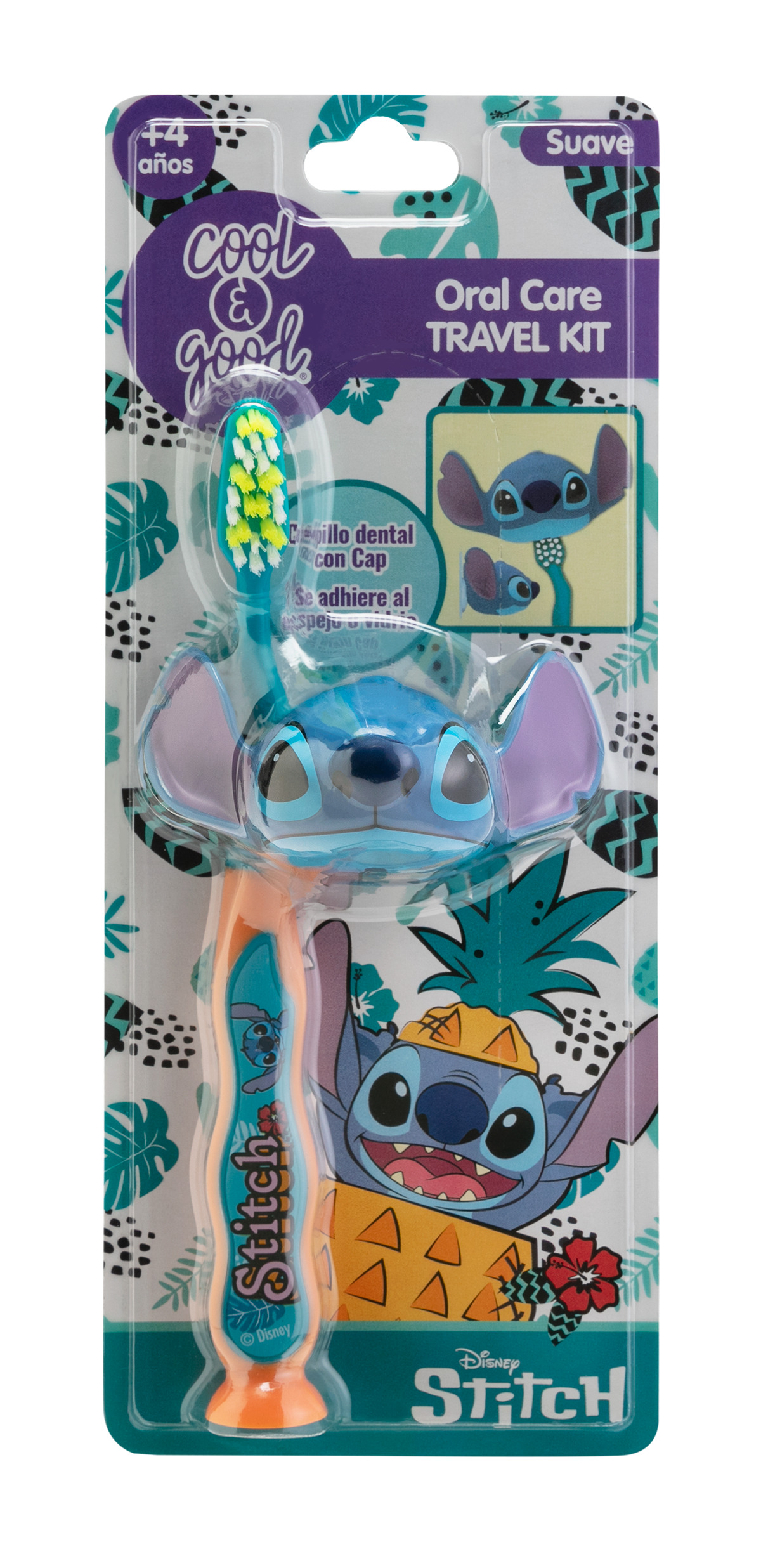 Disney Stitch themed oral care travel kit with a toothbrush and cap featuring Stitchs face in colorful packaging.