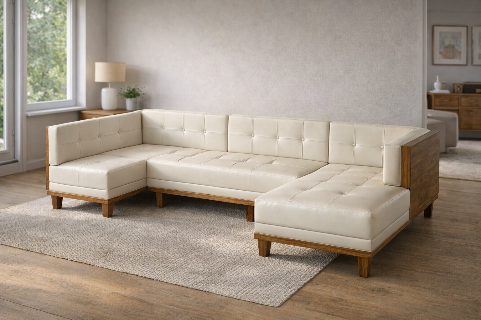 Sofá seccional Parota Milano en forma de L con chaise derecha, estilo mid-century moderno con líneas rectas y perfil bajo
