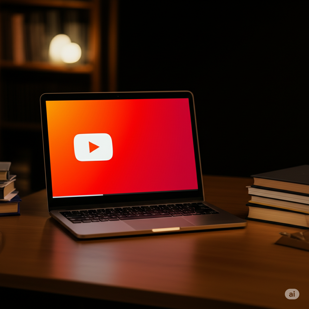 Laptop on a wooden desk displaying a YouTube logo on the screen, surrounded by stacks of books, in a dimly lit room.