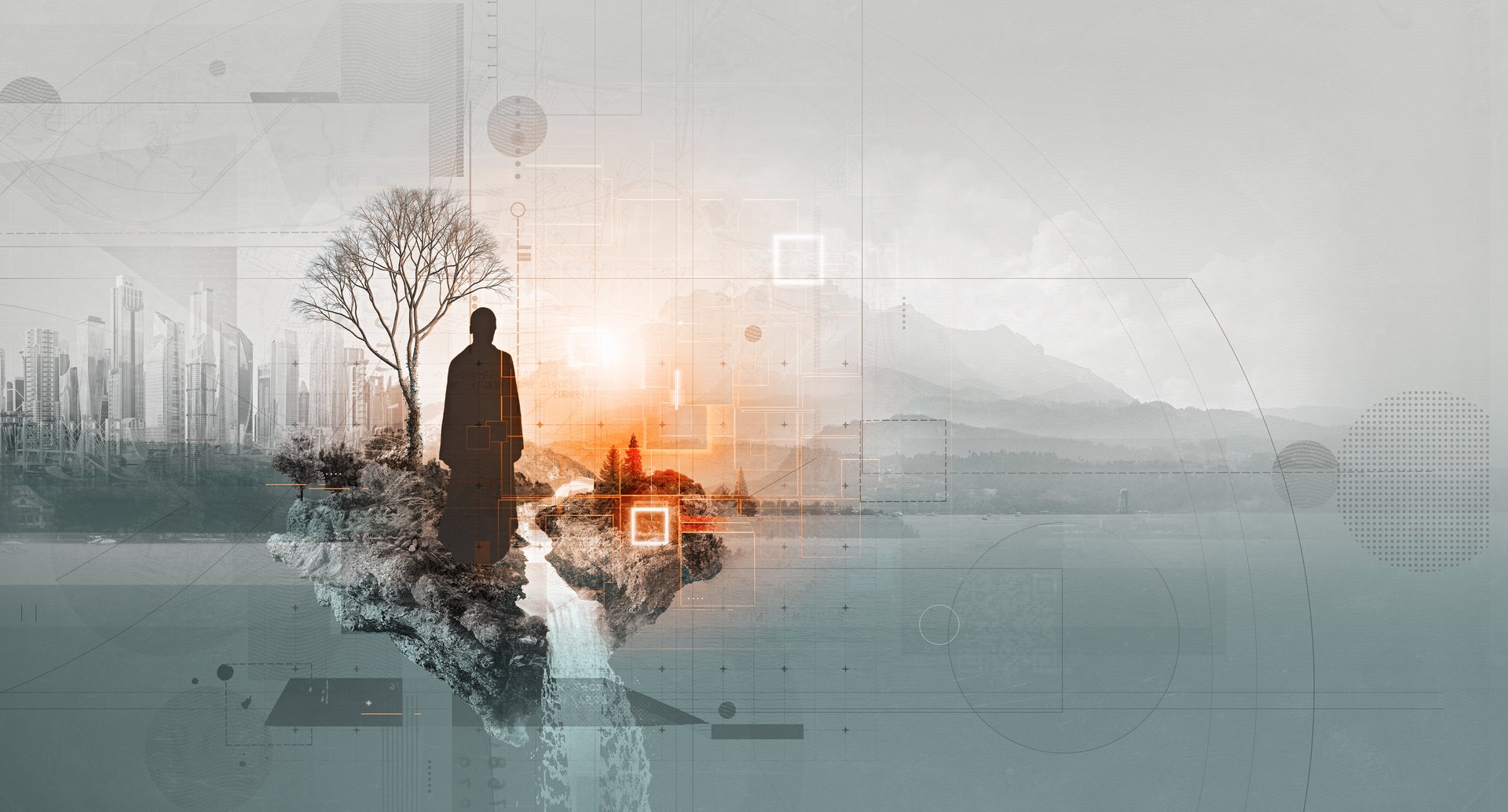 Digital collage featuring a human silhouette blended with an urban landscape and natural elements. The abstract composition explores themes of duality, contrast, and balance between modern city life and serene environments. Mixed media style with layered textures, muted tones. Ideal for conceptual art, urban planning, environmental awareness, sustainable development visuals