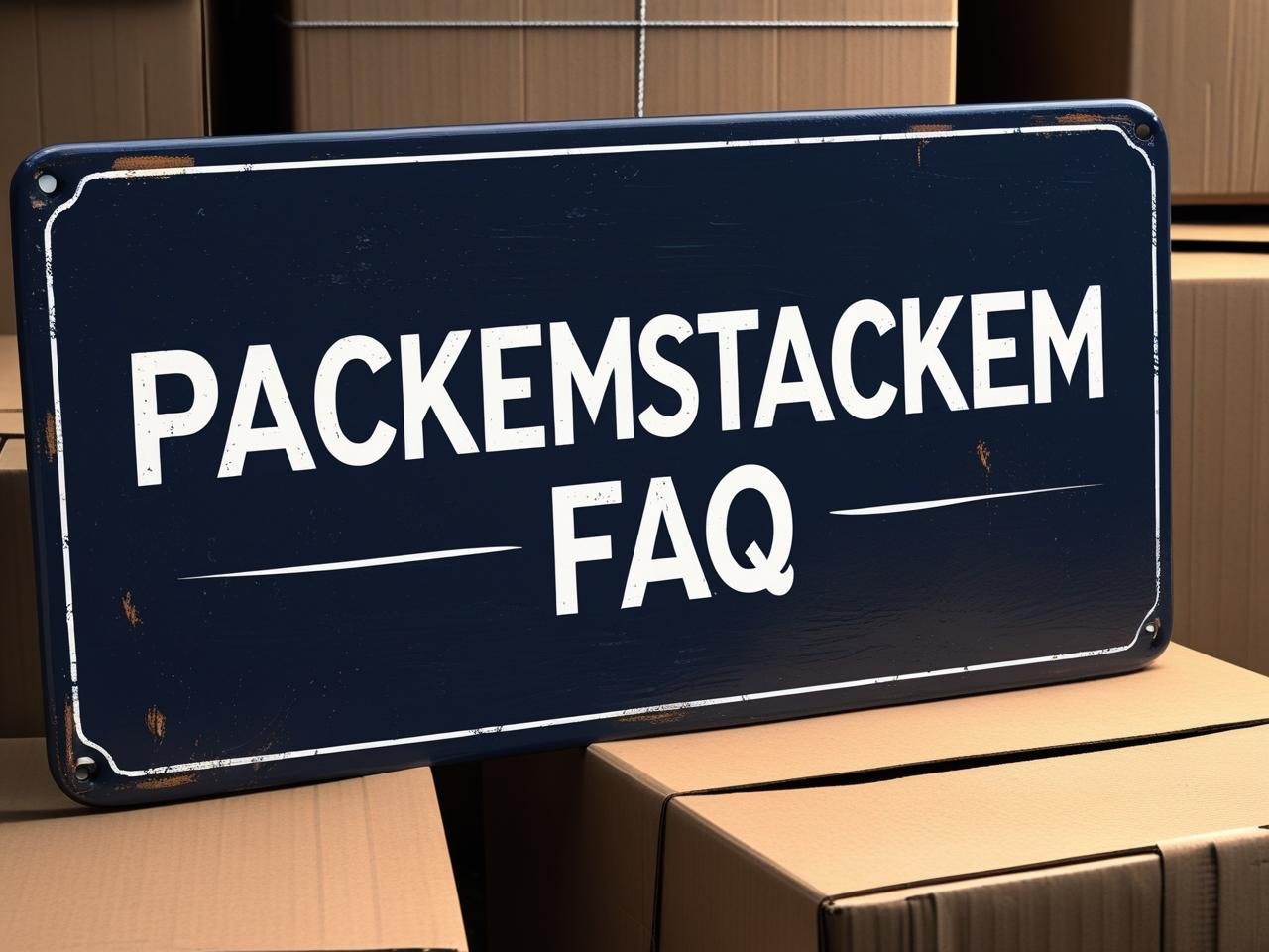 PackEmStackEm FAQ sign with dark blue background and packing boxes