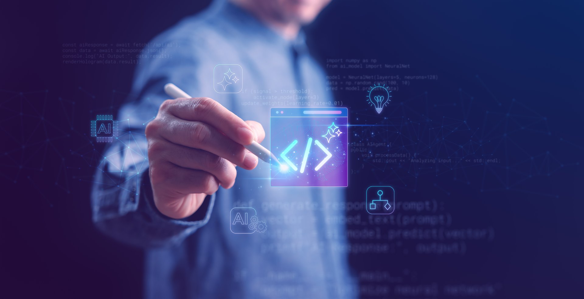 A programmer interacts with a digital screen creating AI-powered code, symbolizing artificial intelligence,machine learning, and future technology development.Perfect for tech and innovation concepts.