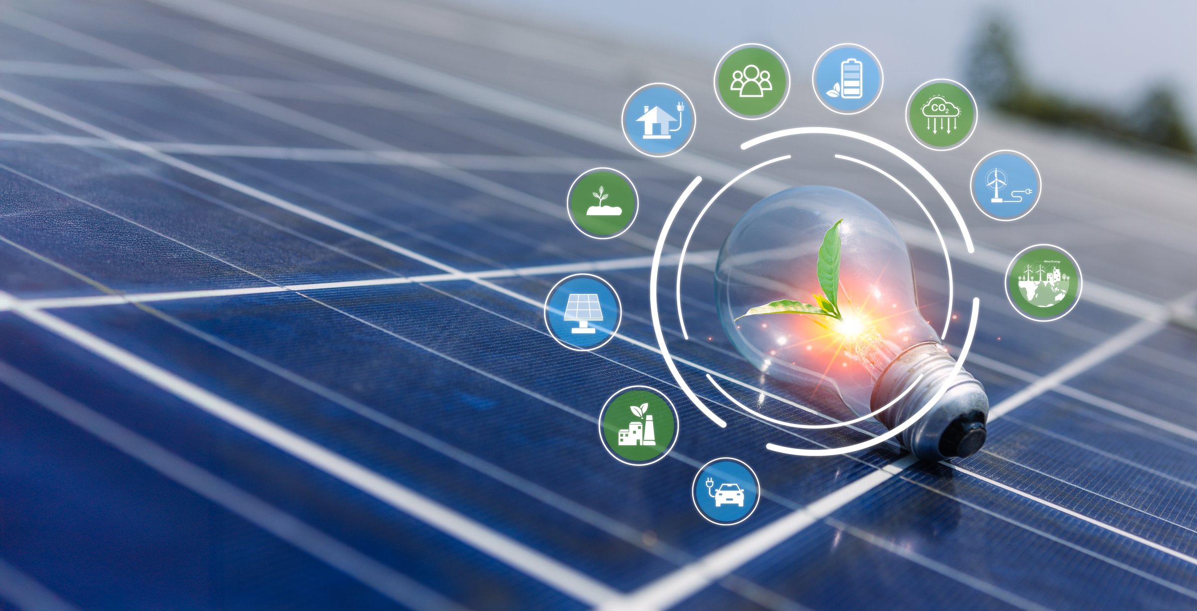 A creative representation of sustainability featuring a light bulb with a plant, symbolizing renewable energy on a solar panel background and highlighting eco-friendly innovation.