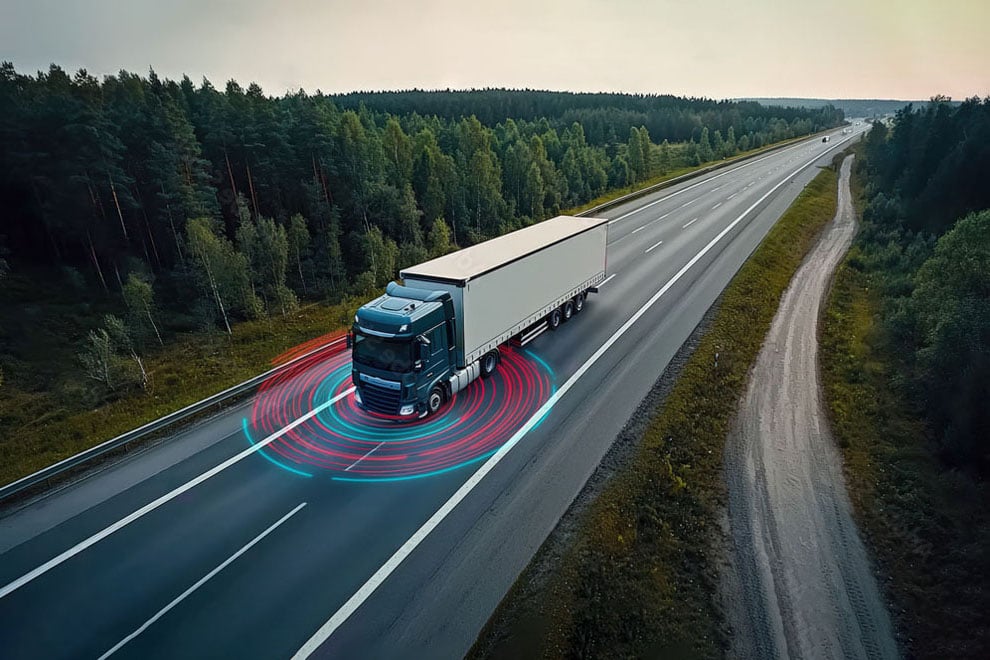 A truck on a highway with digital graphics indicating autonomous driving technology, surrounded by trees and open road.