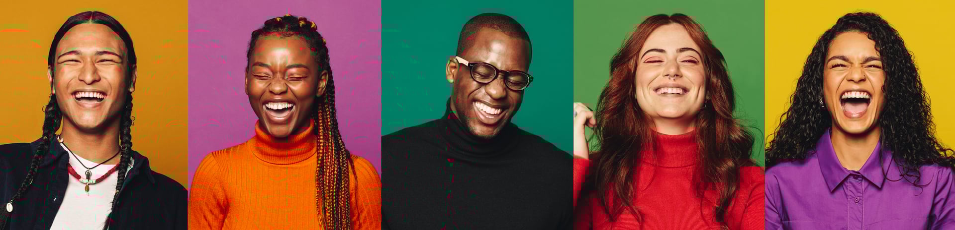 A vibrant portrayal of joy and diversity: friends are captured laughing, showing individuality with each person against a unique background, reflecting positive connections in multicultural settings.