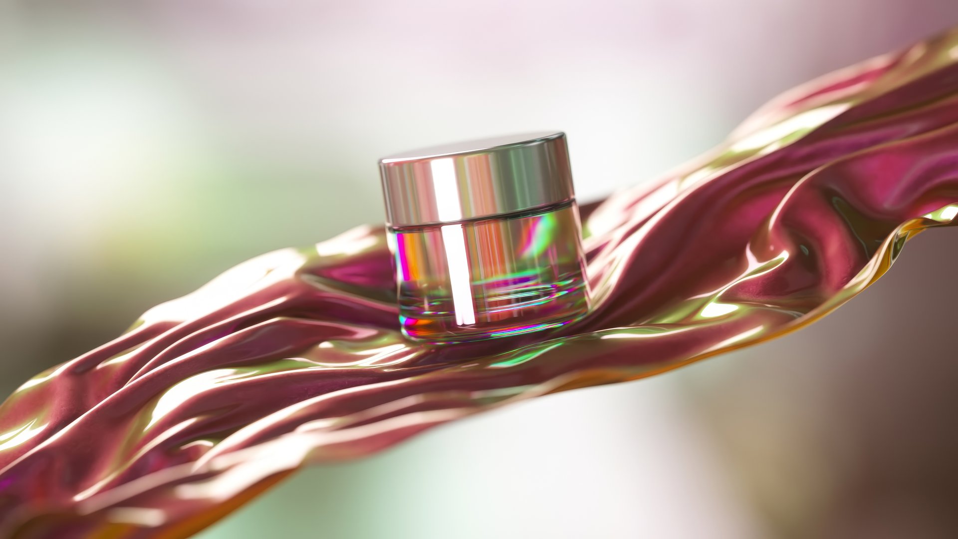 Sleek cosmetic jar is presented atop a luxurious, iridescent fabric, flowing gracefully in a 3d rendering. The image exudes elegance and sophistication, highlighting the product's premium quality