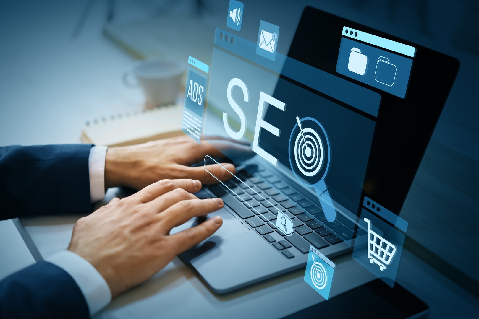 Businessperson typing on laptop with SEO, ecommerce, and marketing icons overlayed, modern digital style, blue background, concept of strategy