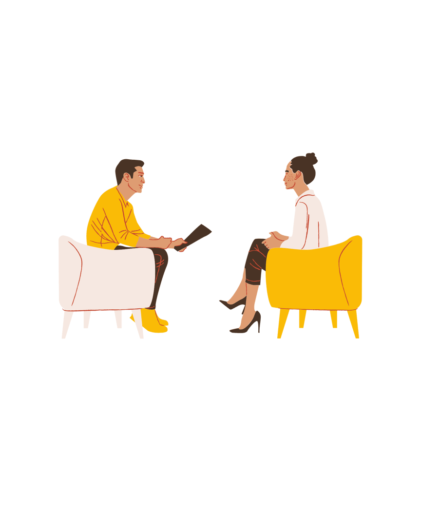 Illustration of a seated man and woman engaged in conversation, both wearing casual business attire, with a laptop visible.