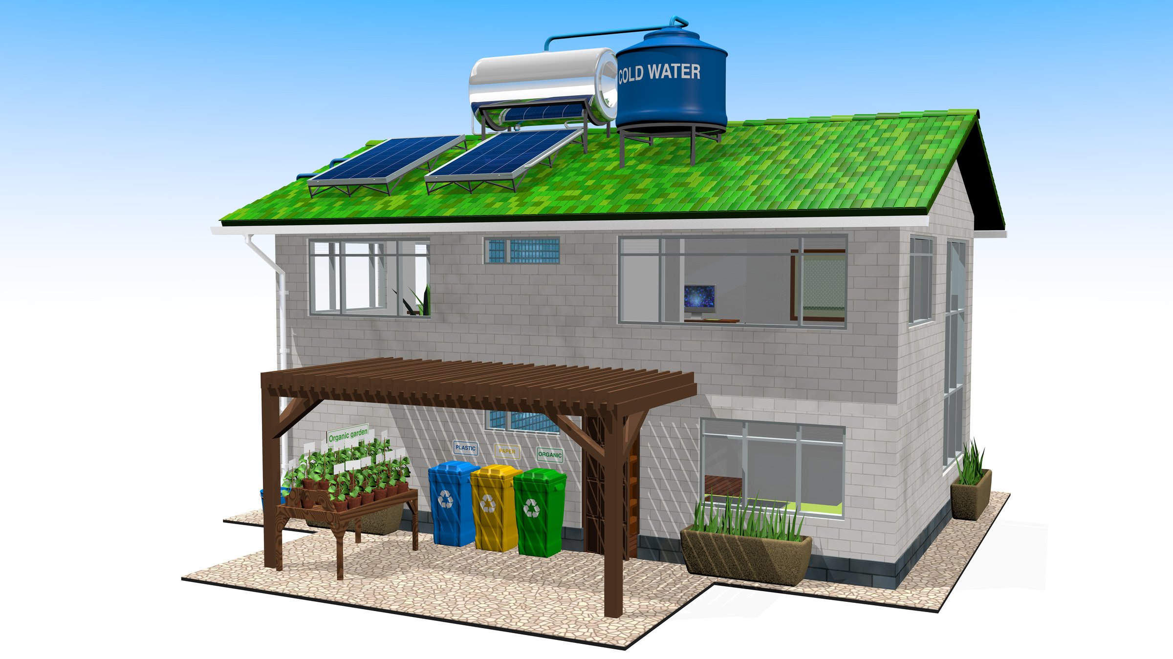 Ecological house with installation of solar panels, hot water system and green roof, sustainable home garden and recycling bins against white background with blue sky. 3D Illustration