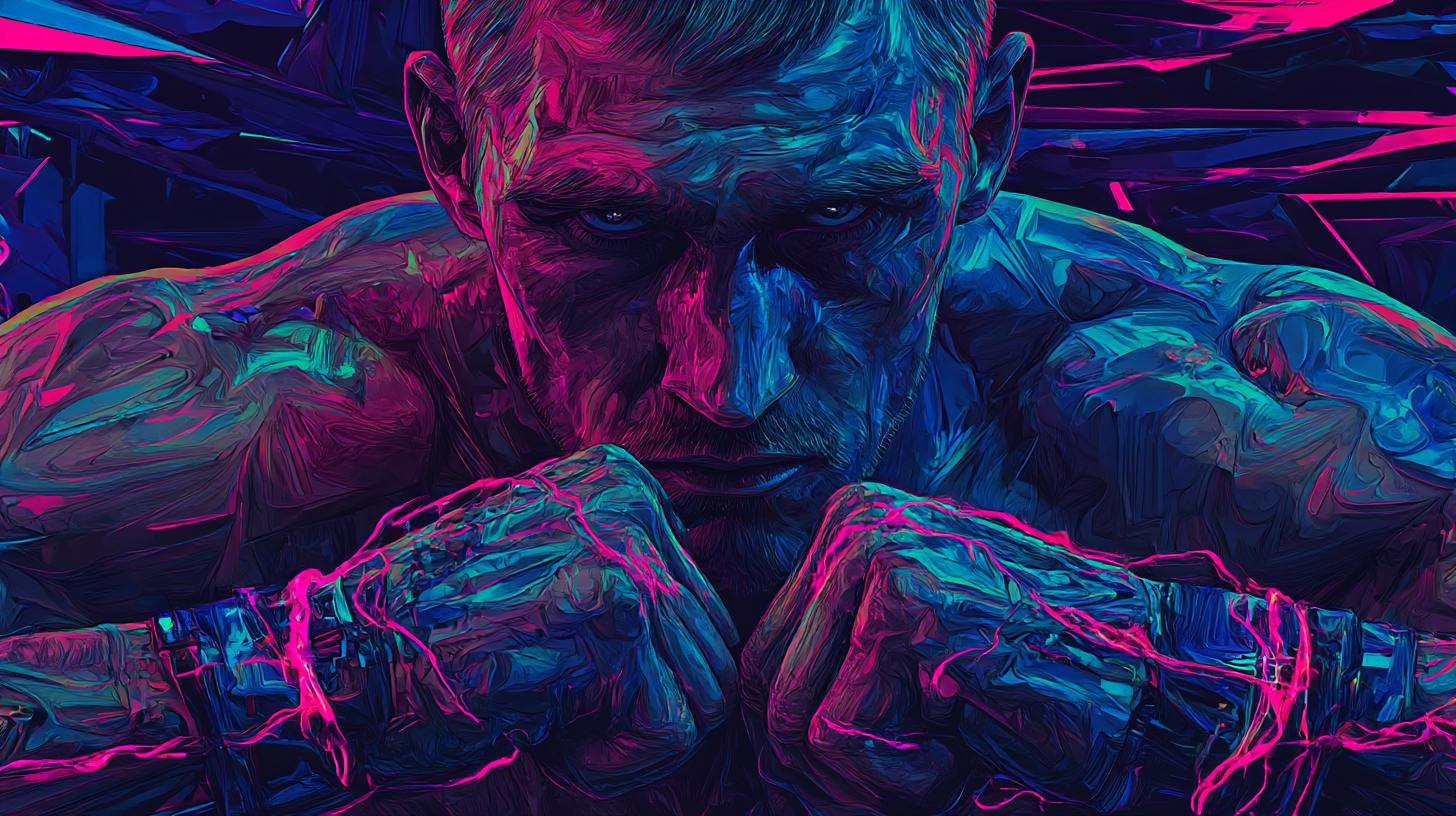 Boxer in a focused ready stance glowing energy