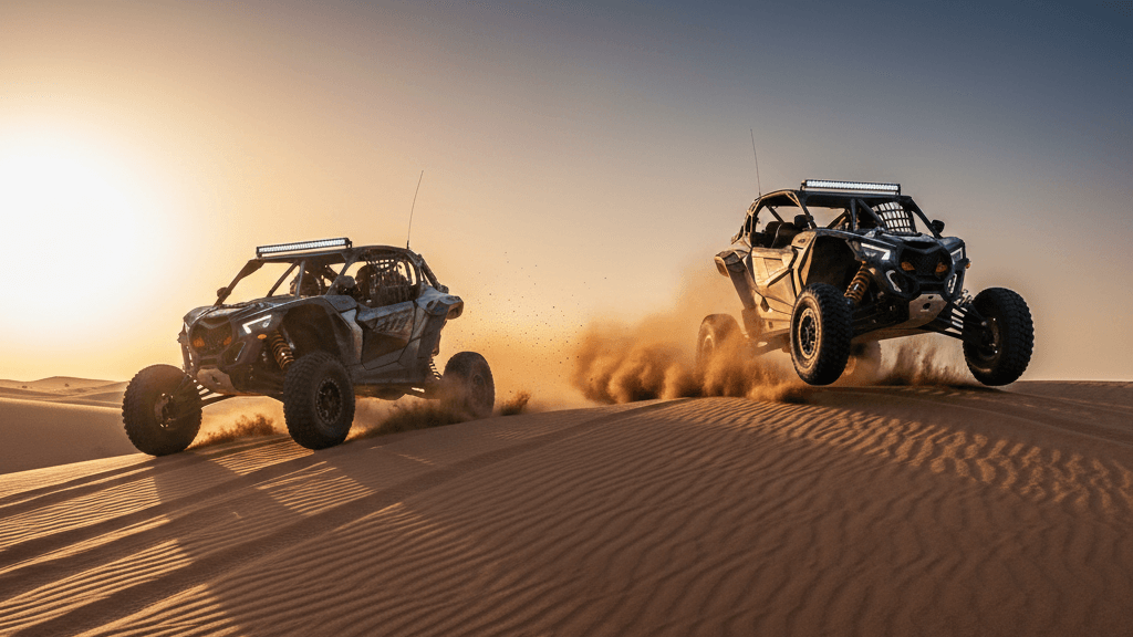 Dune buggy adventure at sunset in Dubai desert