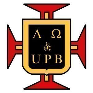 Emblem with a red cross, black and gold shield featuring letters A, Ω, UPB, and a flame symbol in the center.