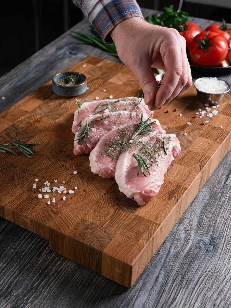 A man sprinkles spices on sliced pieces of raw pork meat. Cooking delicious meals at home.