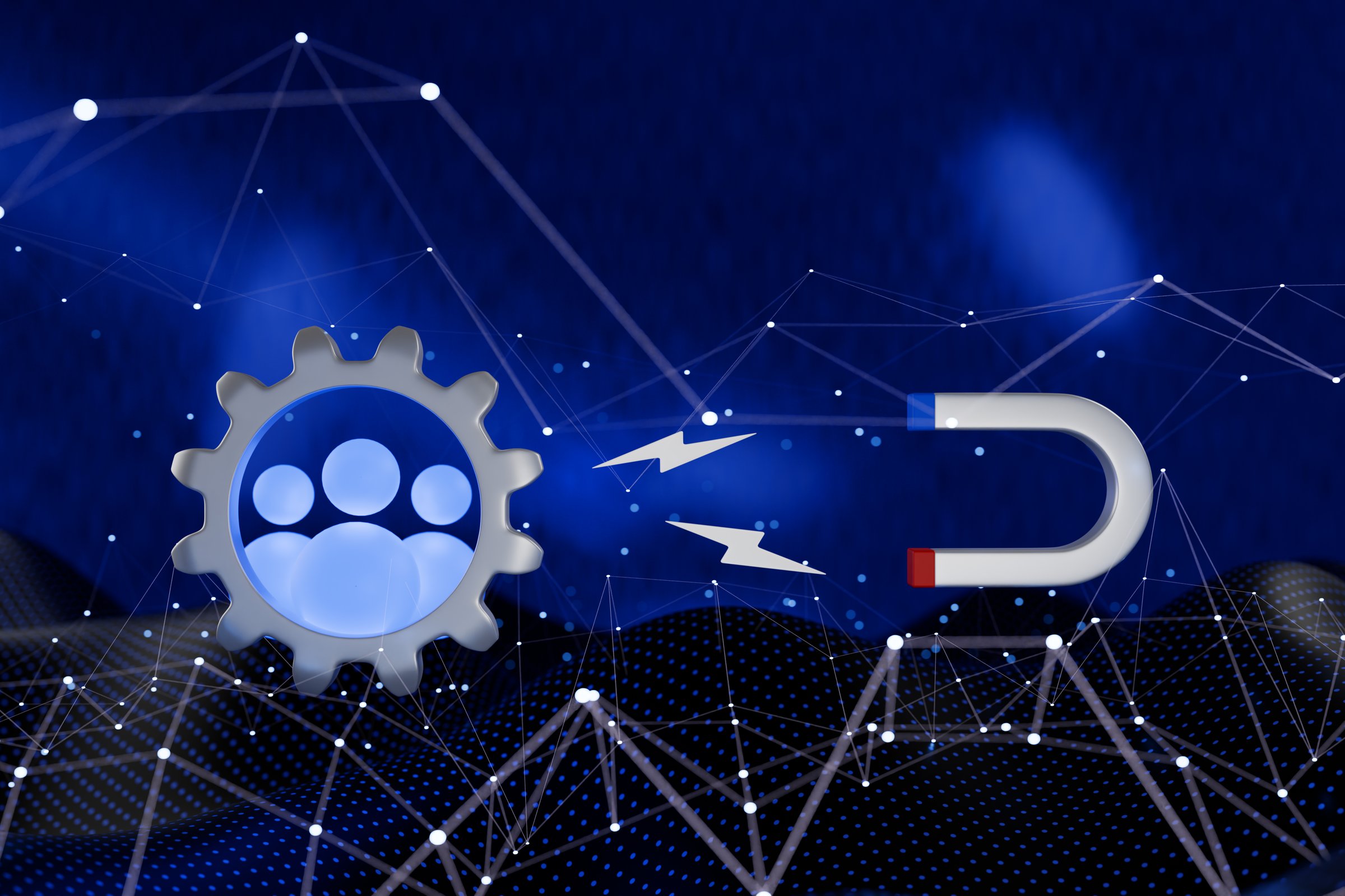 A graphic representation of teamwork and attraction, featuring a gear and a magnet against a blue background. 3d rendering