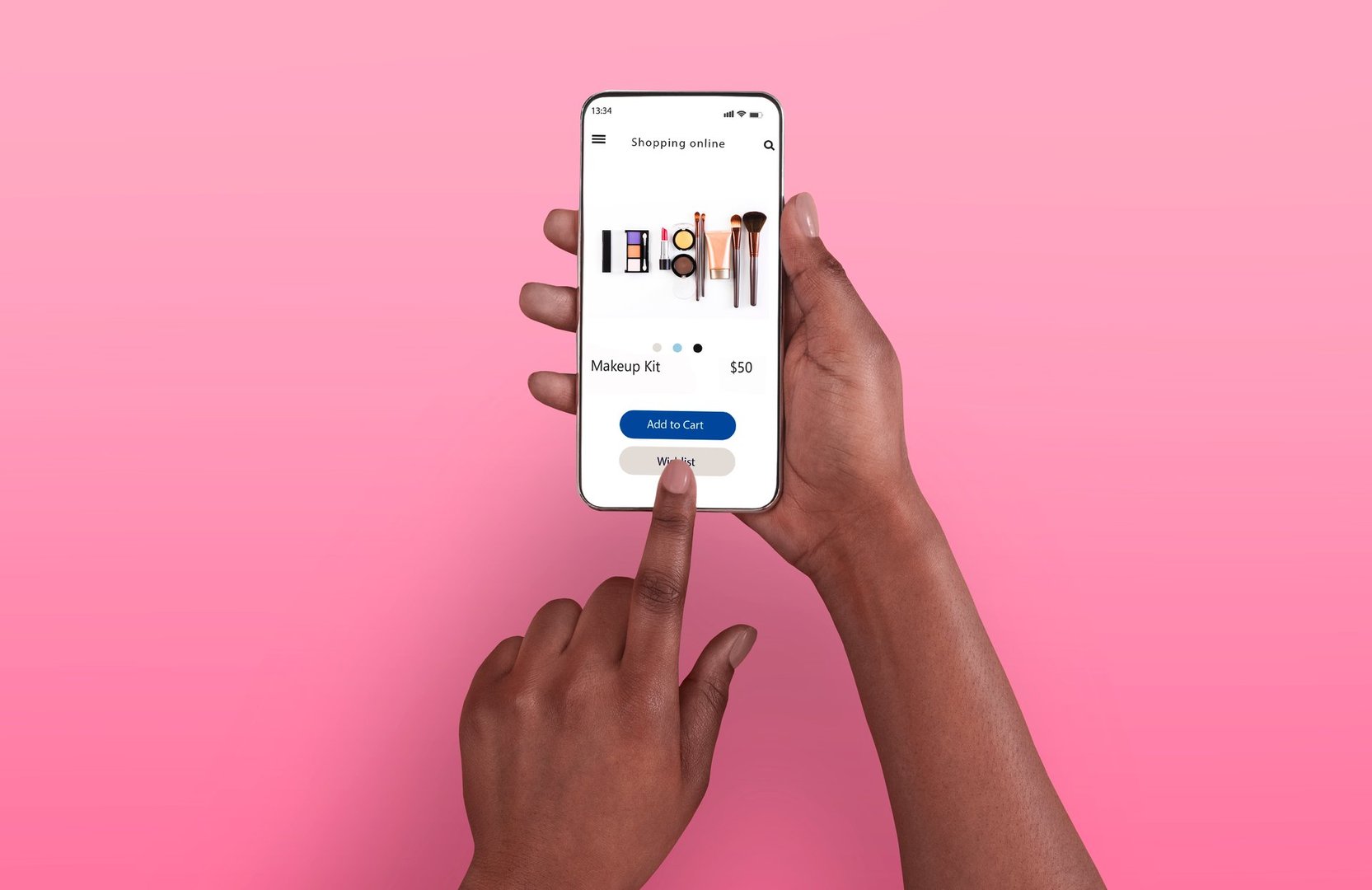 Female Shopping Concept. Above top overhead view of black woman browsing online make up store on her smart phone, isolated on pink background, touching screen. Customer ordering via internet