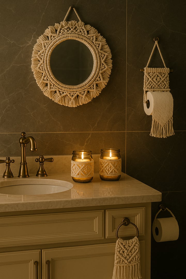 Bathroom with macrame decor, mirror, candles, sink, and toilet paper holder, set against dark tiled walls.