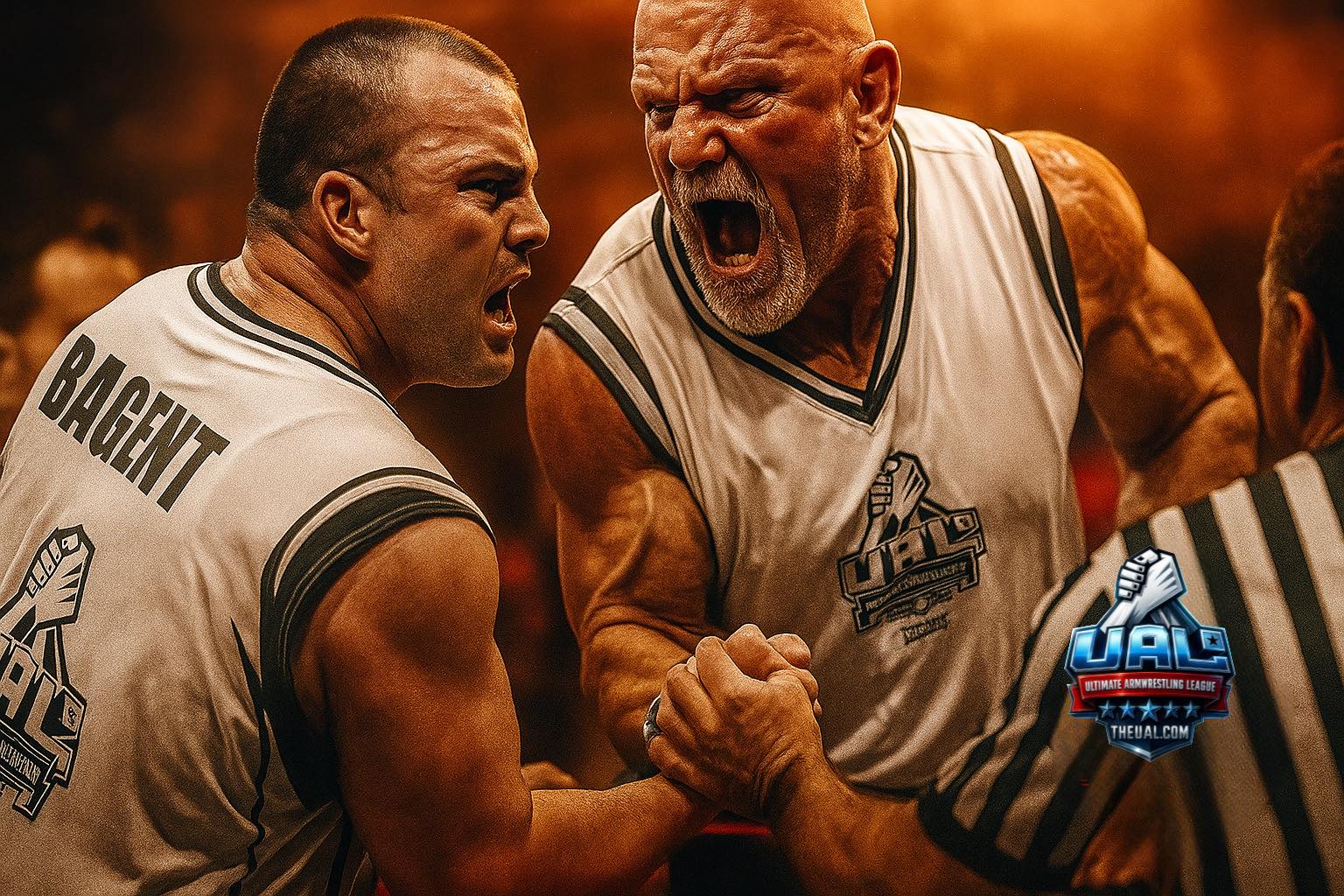 Two men engaged in intense arm wrestling competition