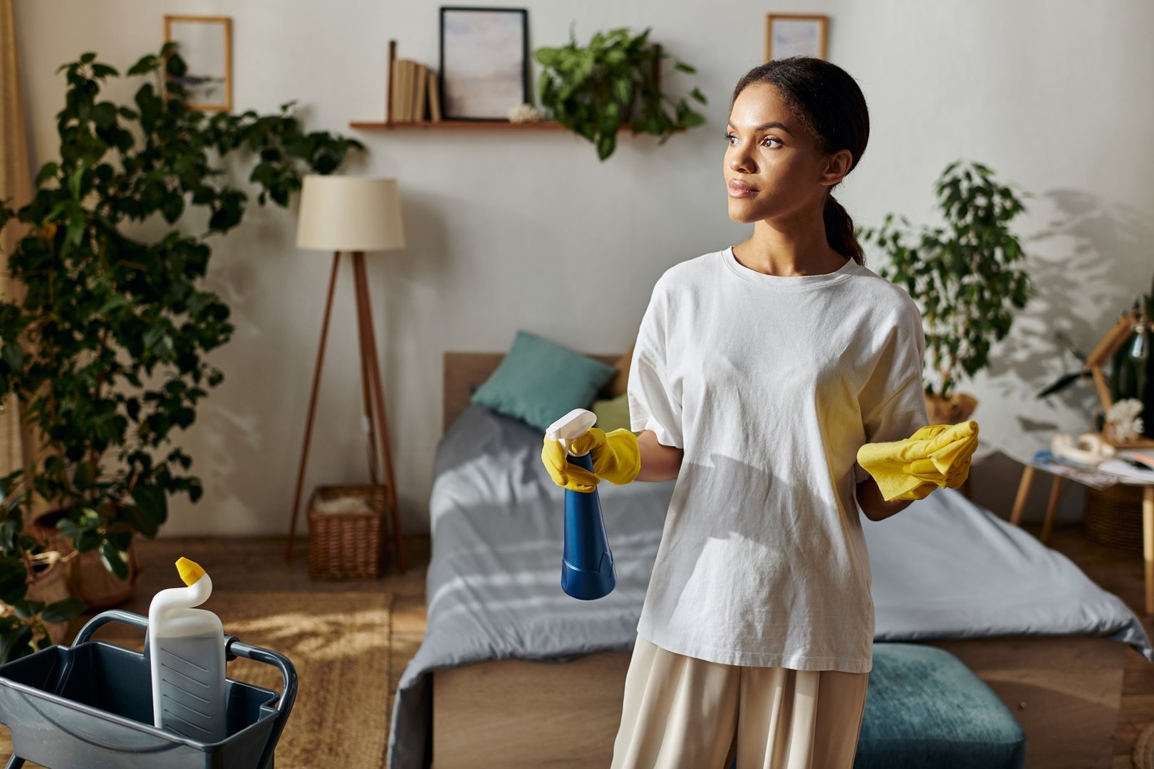 Young woman tidying apartment