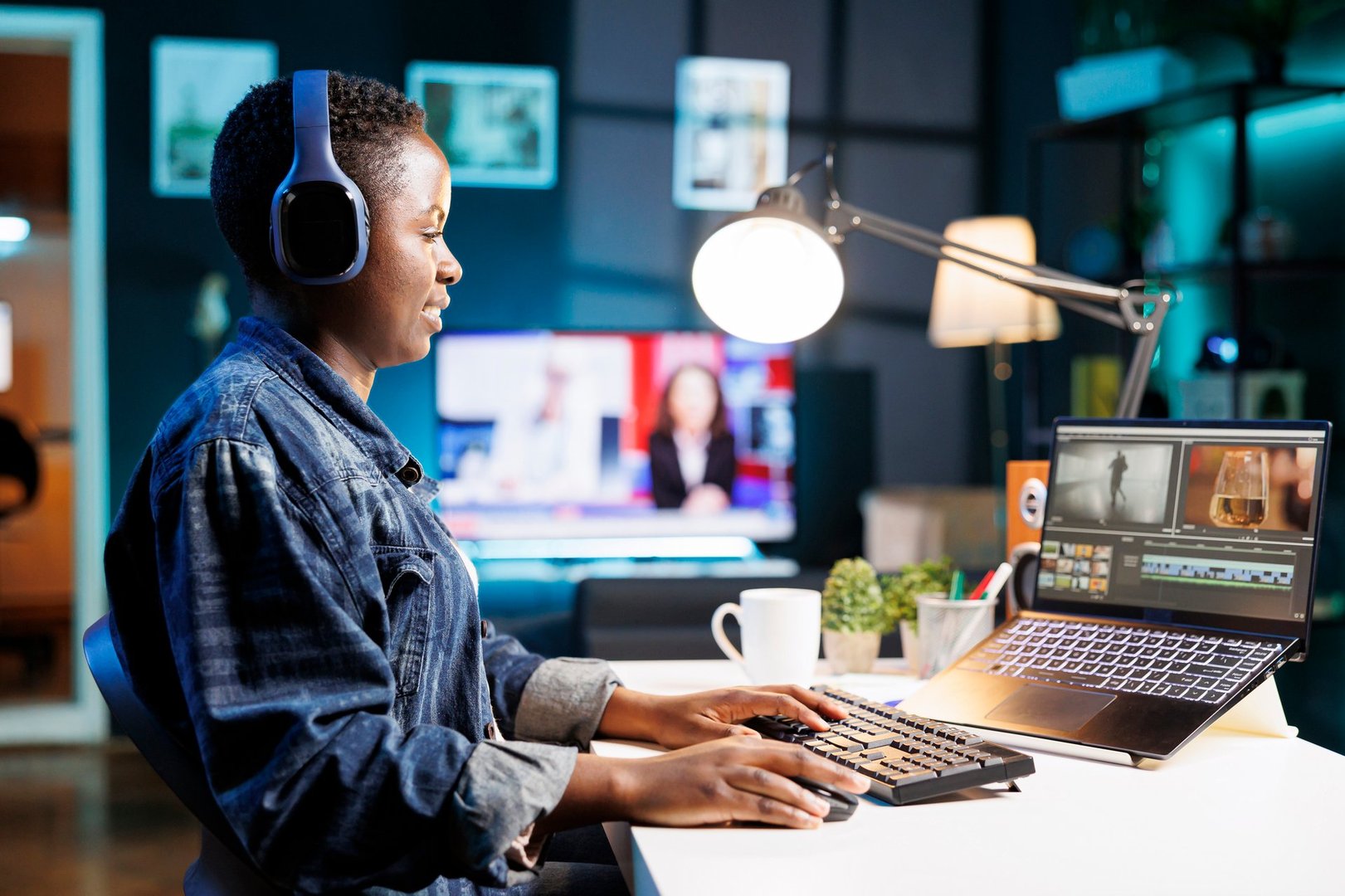 Black woman immersed in world of technology, wearing wireless headphones as she edits photos and videos. African american female filmmaker working with footage and sound, editing new project.