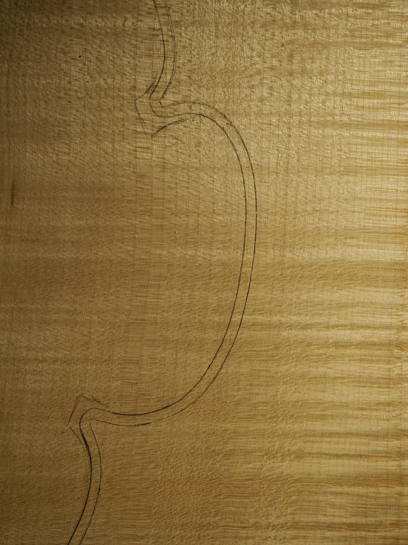 Raw violin body and elements on workbench