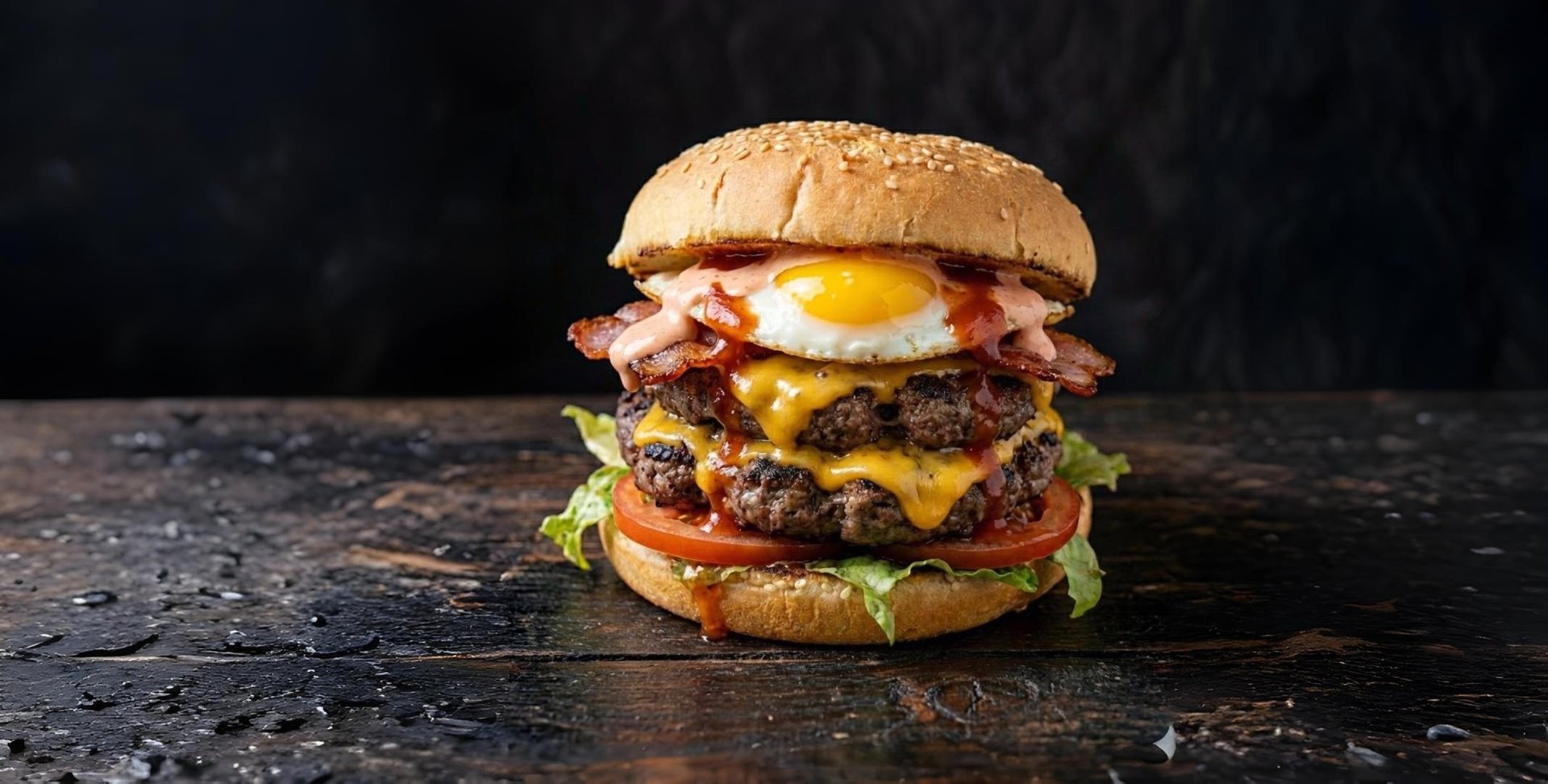Juicy burger stacked with crispy bacon, melted cheddar cheese, pulled pork, lettuce, tomato, pickles, and grilled bun served on vintage-style paper with soft cloth in background and glass of beer