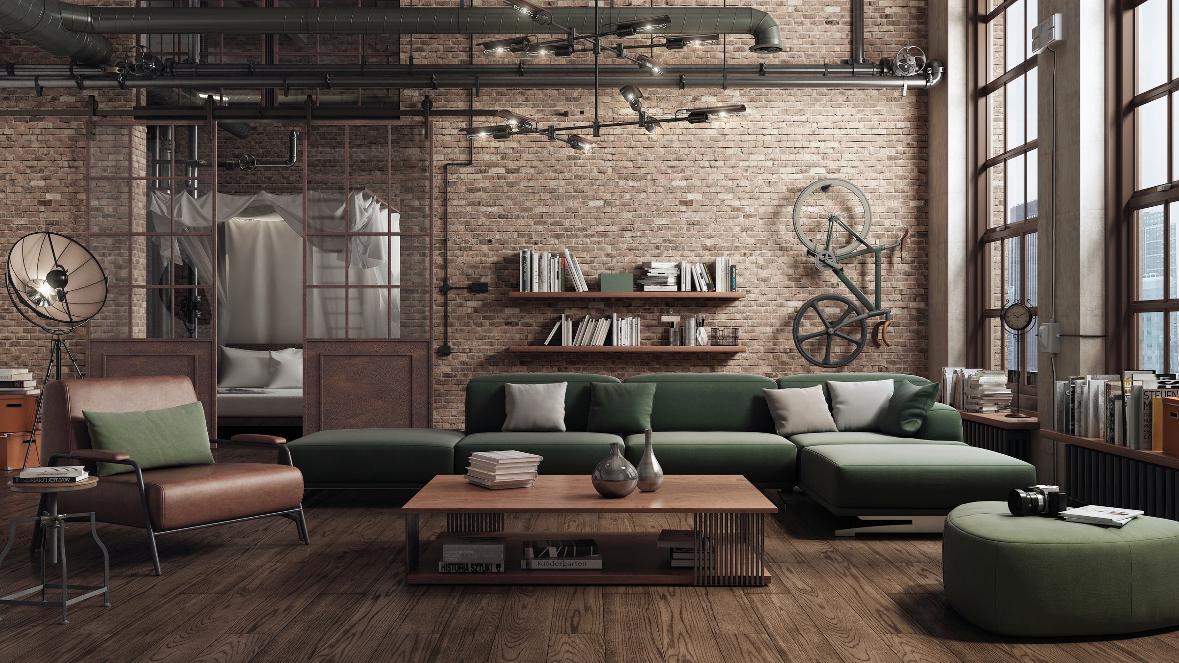 Loft living room interior adapted as a modern and spacious apartment. Industrial character is given by bricks walls, parquet floors and large windows.