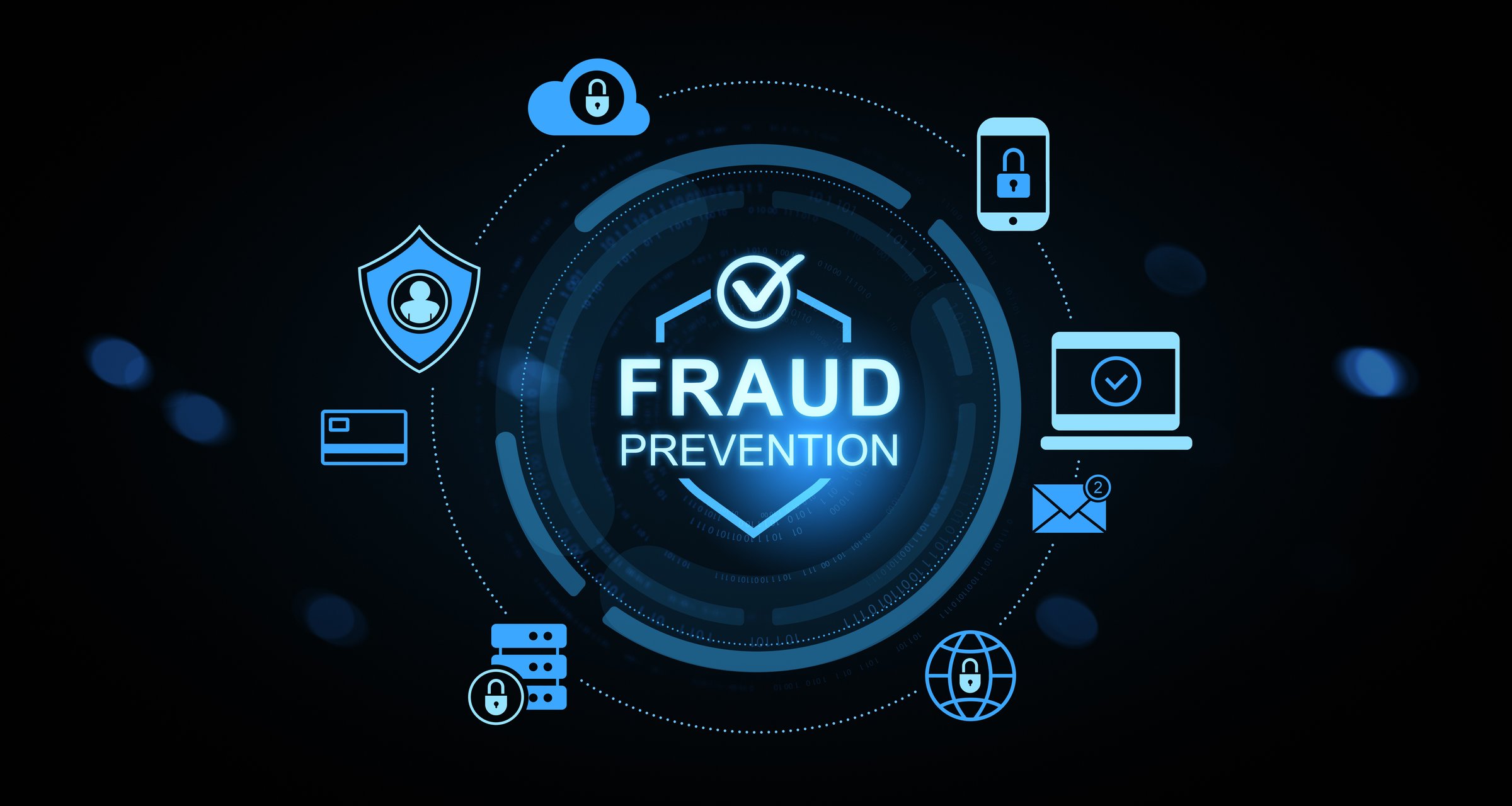 Glowing blue fraud prevention hologram with cybersecurity icons like shield, lock, cloud, and laptop on dark background. Concept of online data protection. 3D Rendering