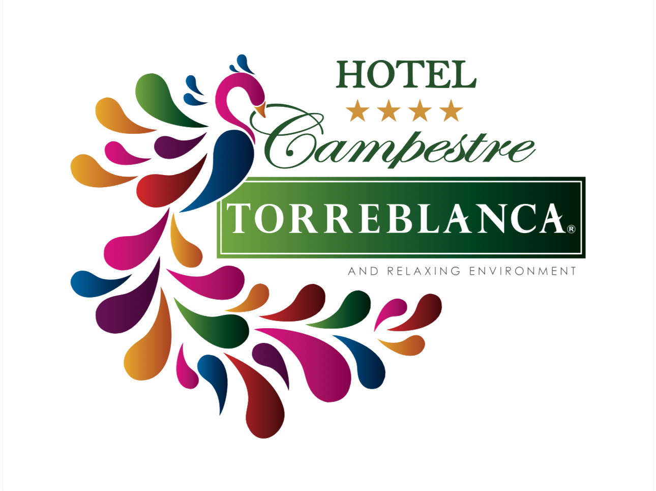 Colorful peacock logo for Hotel Campestre Torreblanca with four stars and text 'And Relaxing Environment' underneath.