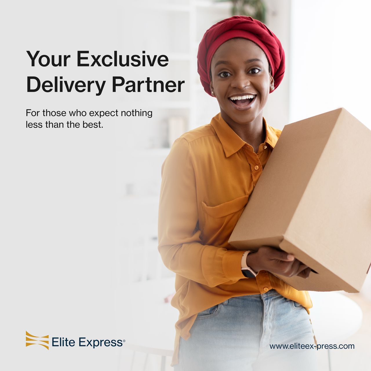 Smiling woman holding a package, promoting Elite Express delivery service with tagline "Your Exclusive Delivery Partner."