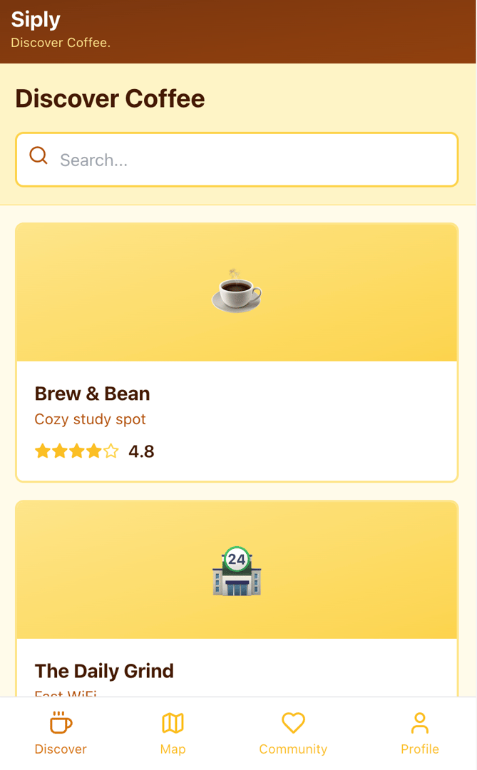 Siply app screenshot showing coffee shop discovery interface