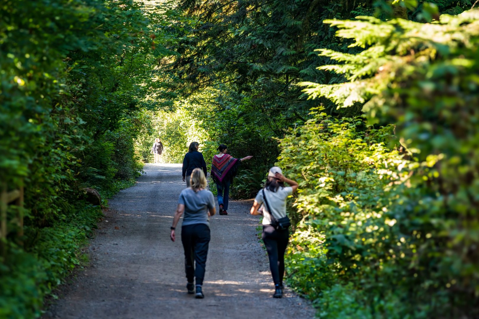 Snoqualmie WA, USA - September 19, 2025:  Women enjoy the lush green views along the Snoqualmie Falls hiking trail on a summer day.