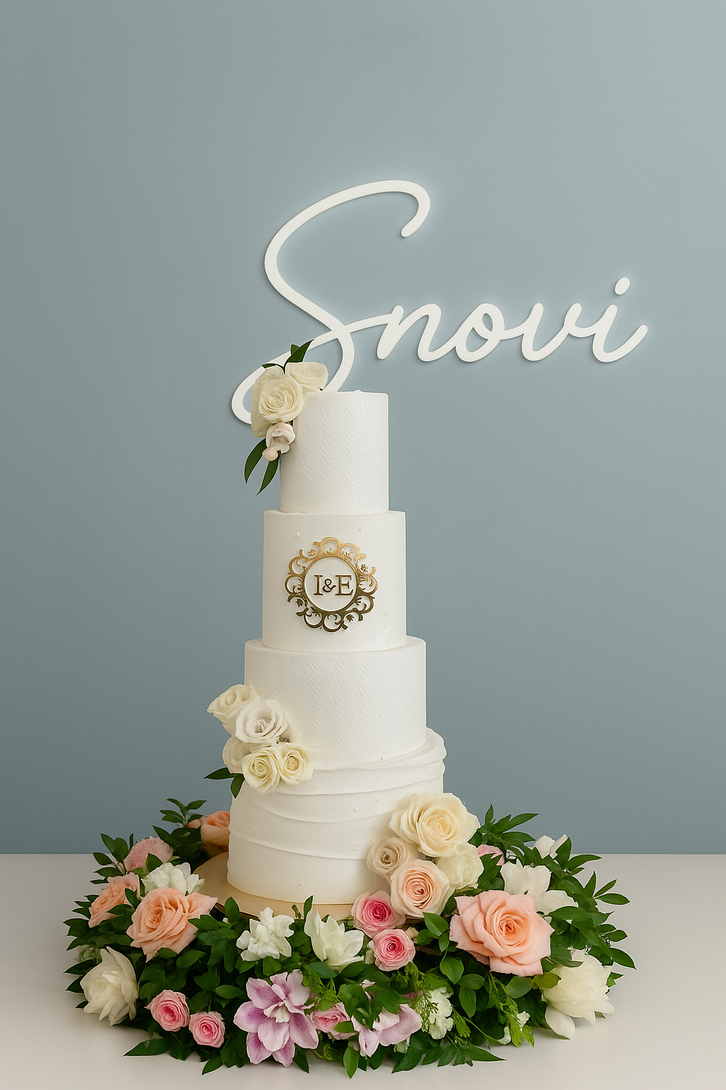 Elegante pastel de bodas decorado con flores y detalles dorados