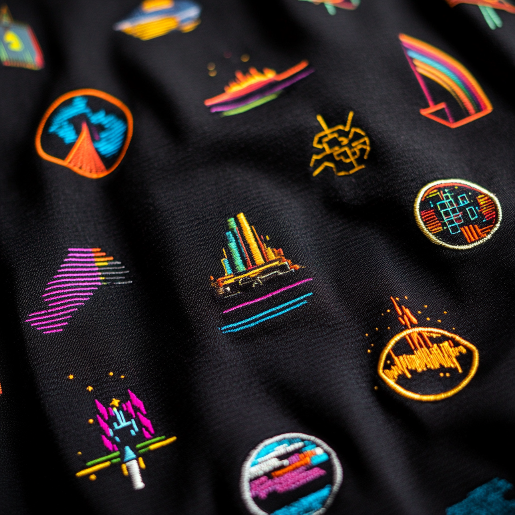 Patterned fabric with neon geometric designs and symbols on a black background, featuring colorful shapes and lines.