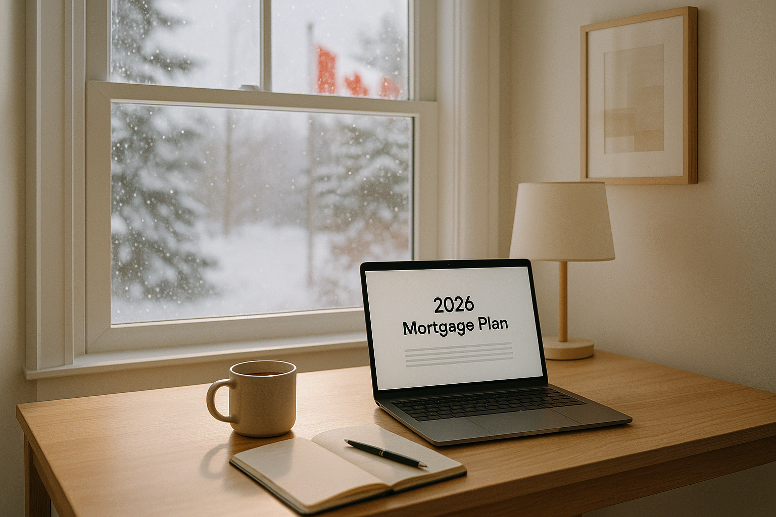 A Canadian homeowner reviewing their 2026 mortgage outlook and financial plan at a winter home office