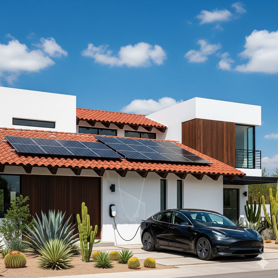 Casa con paneles solares y electrolinera para auto eléctrico con sistema de 12 paneles y 6kW de capacidad