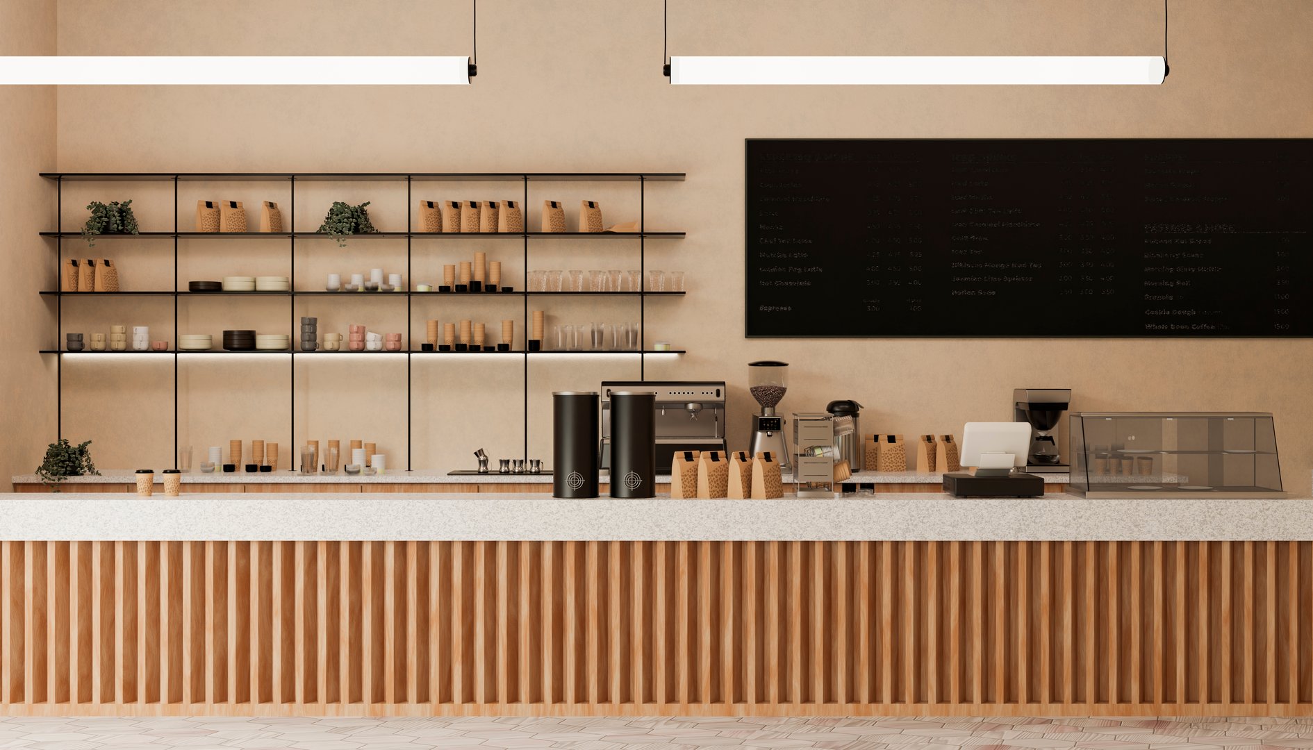 Modern coffee shop interior with wooden counter and shelves