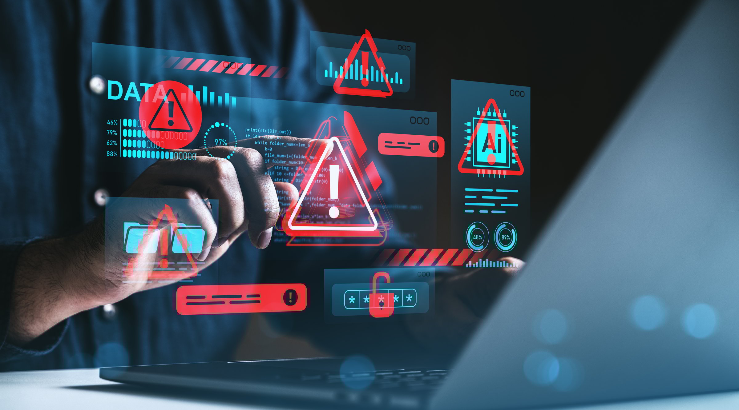 Man interacting with digital red warning icons and data graphics, futuristic style, dark background, concept of cybersecurity threats and data breaches