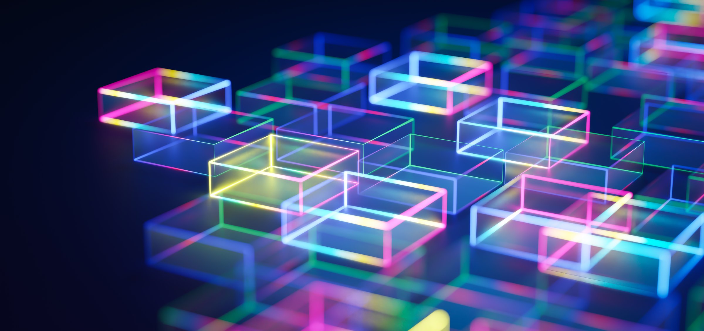 Interconnected glowing cubes forming a complex network, symbolizing data flow, blockchain technology, or futuristic connections. 3D rendering