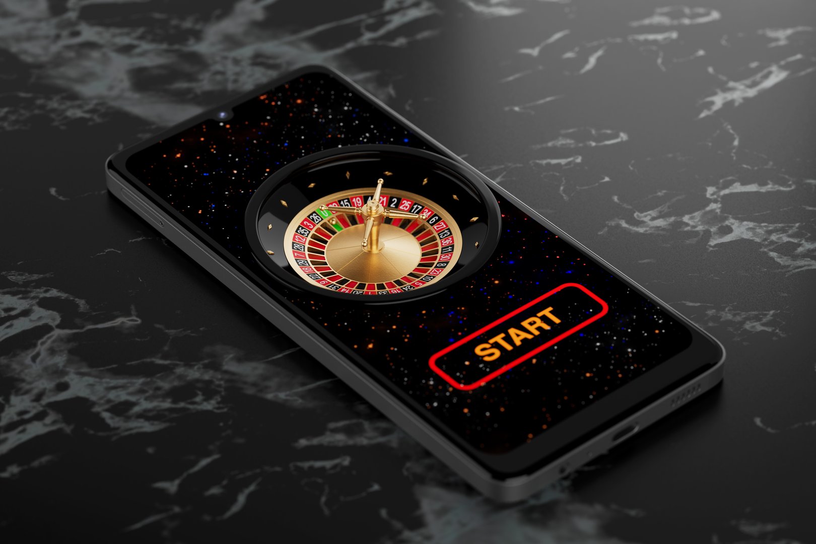 Gaming Applications Concept. Online Casino American Roulette Wheel on Smartphone Screen extreme closeup. 3d Rendering