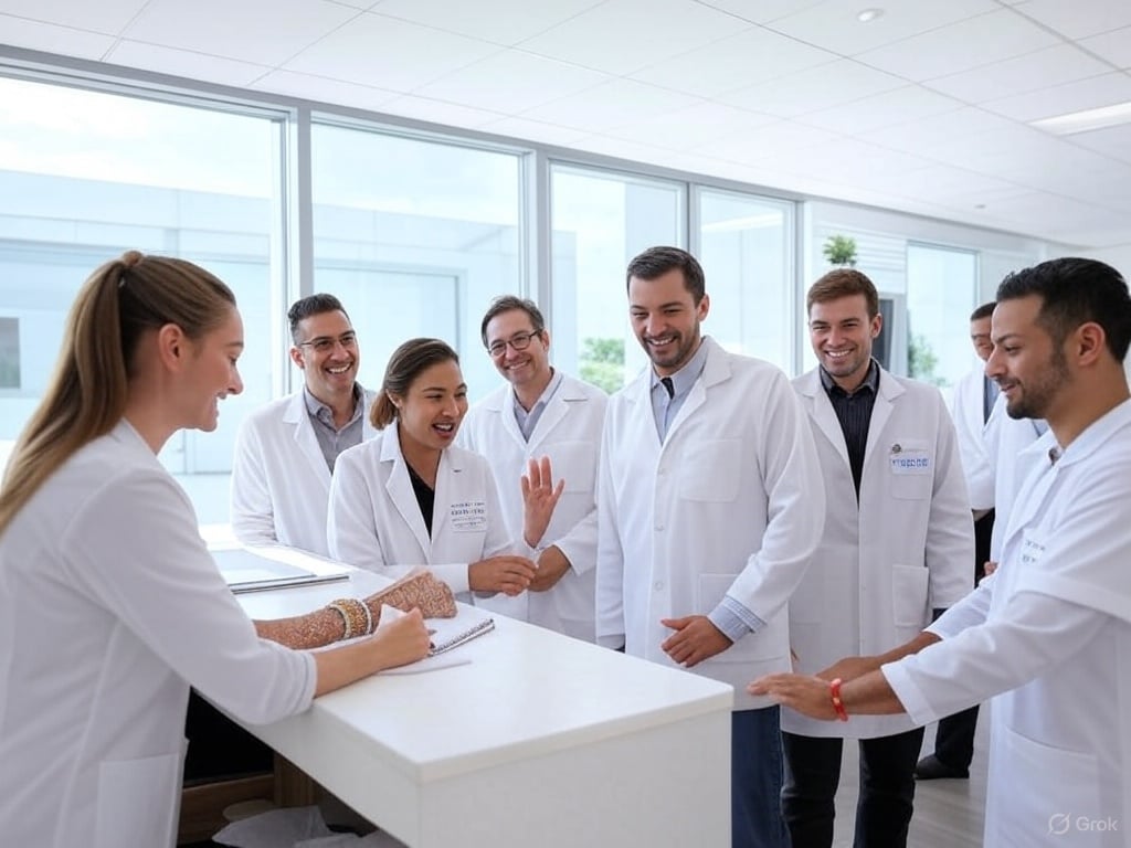 Group of smiling medical professionals in white coats gathered around a reception desk in a modern clinic setting.