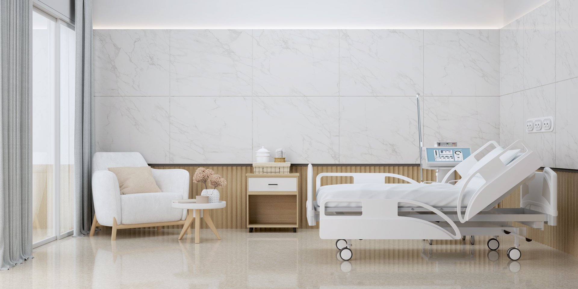 Hospital room with bed and armchair.3d rendering