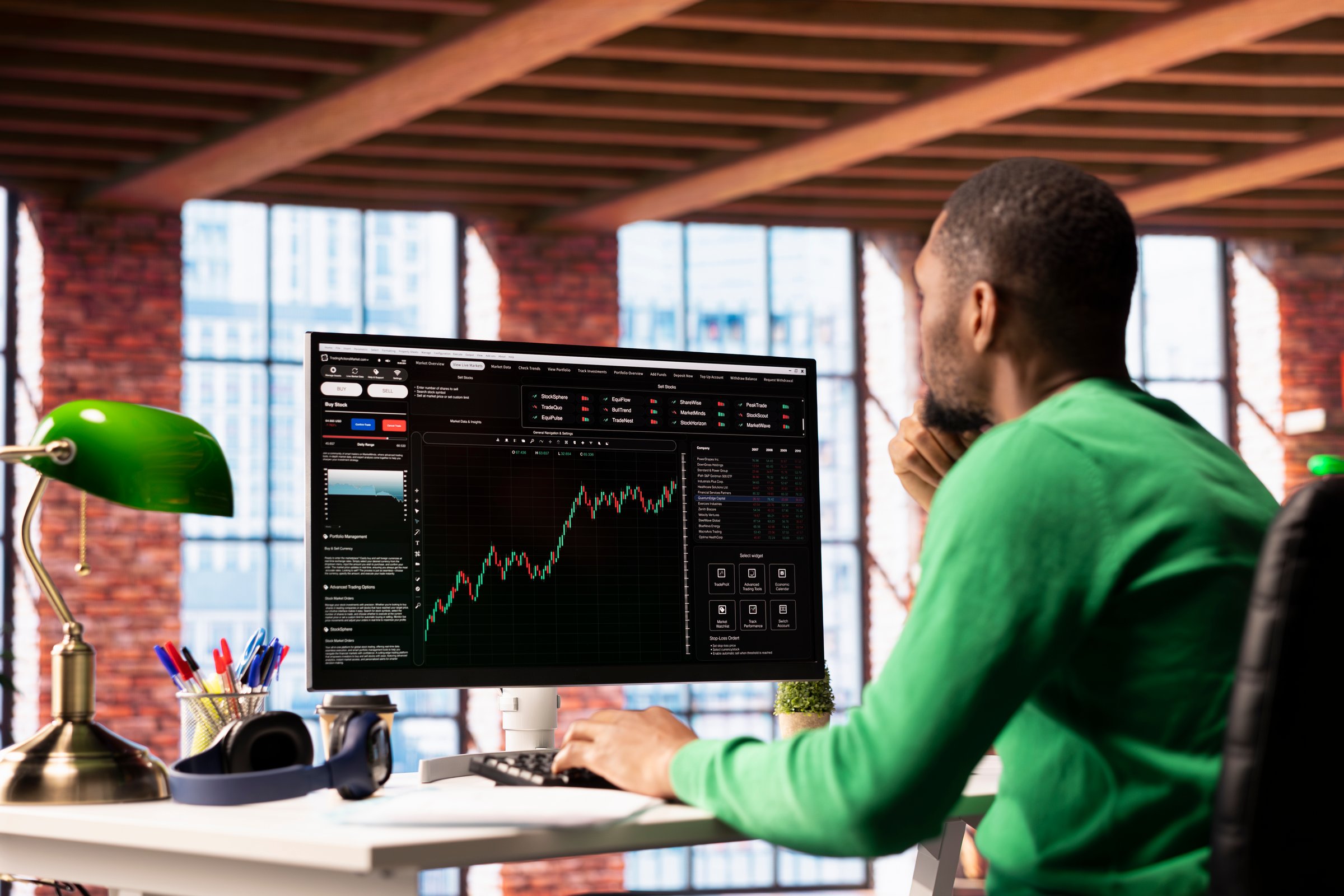 Man using PC to purchase and sell stocks, looking at charts to learn how to maximize profits. African american investor looking at stock exchange graphs on computer monitor