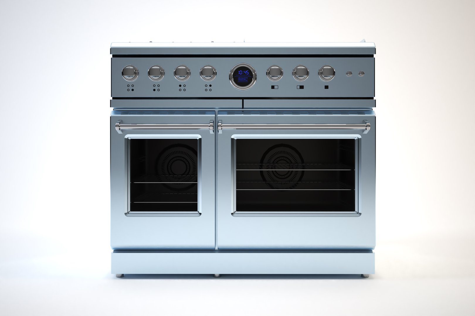 Double oven stovetop with digital display and chrome accents.