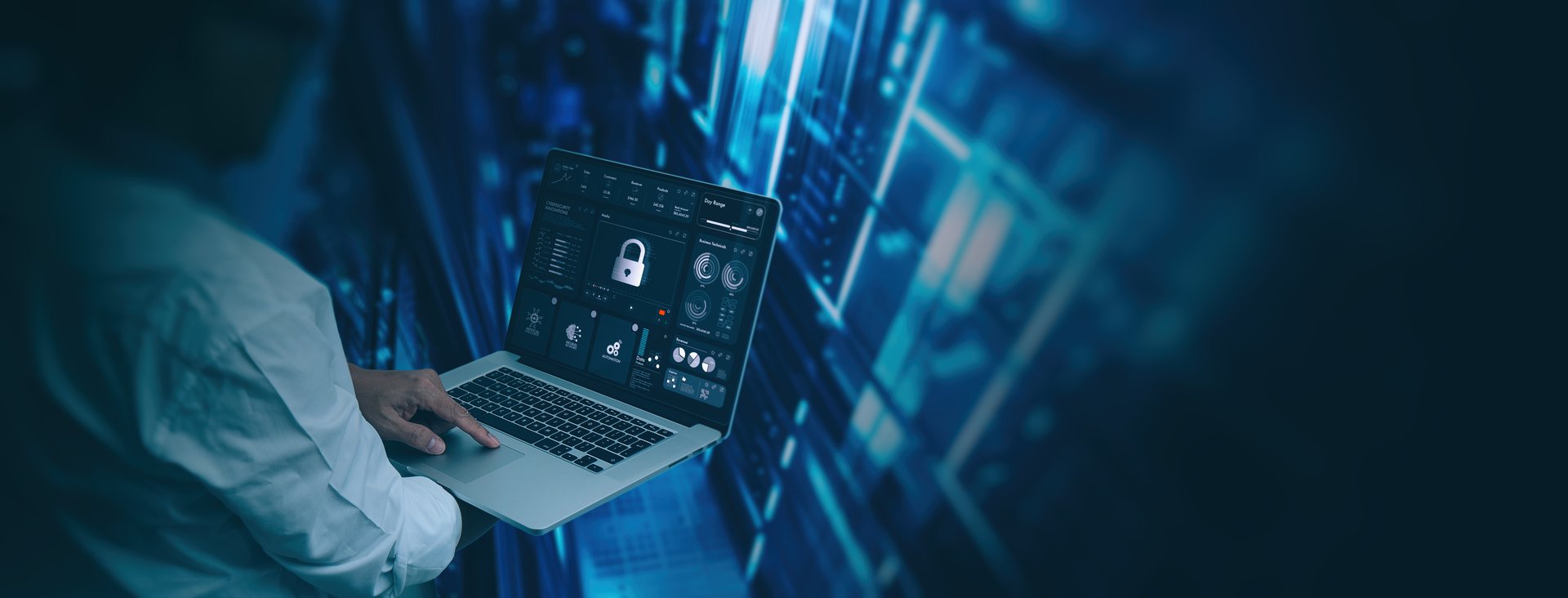 AI powered Cybersecurity innovations concept Engineer computer working with laptop computer show pad lock icon in the modern server room network background